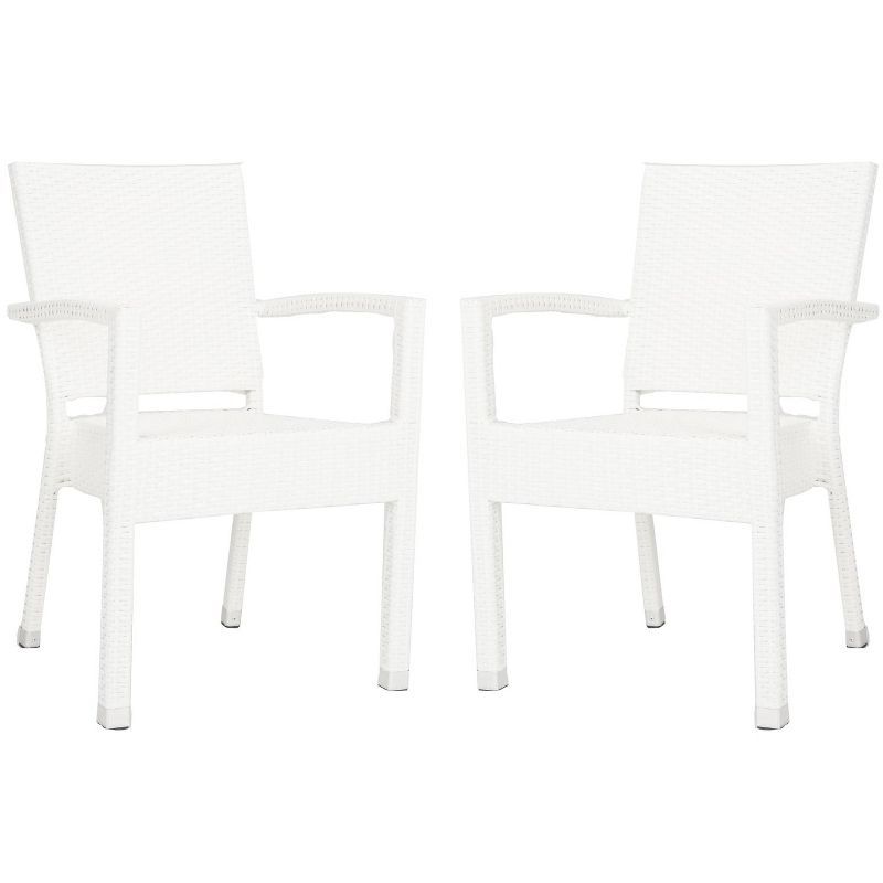White Wicker and Aluminum Stackable Arm Dining Chairs, Set of 2