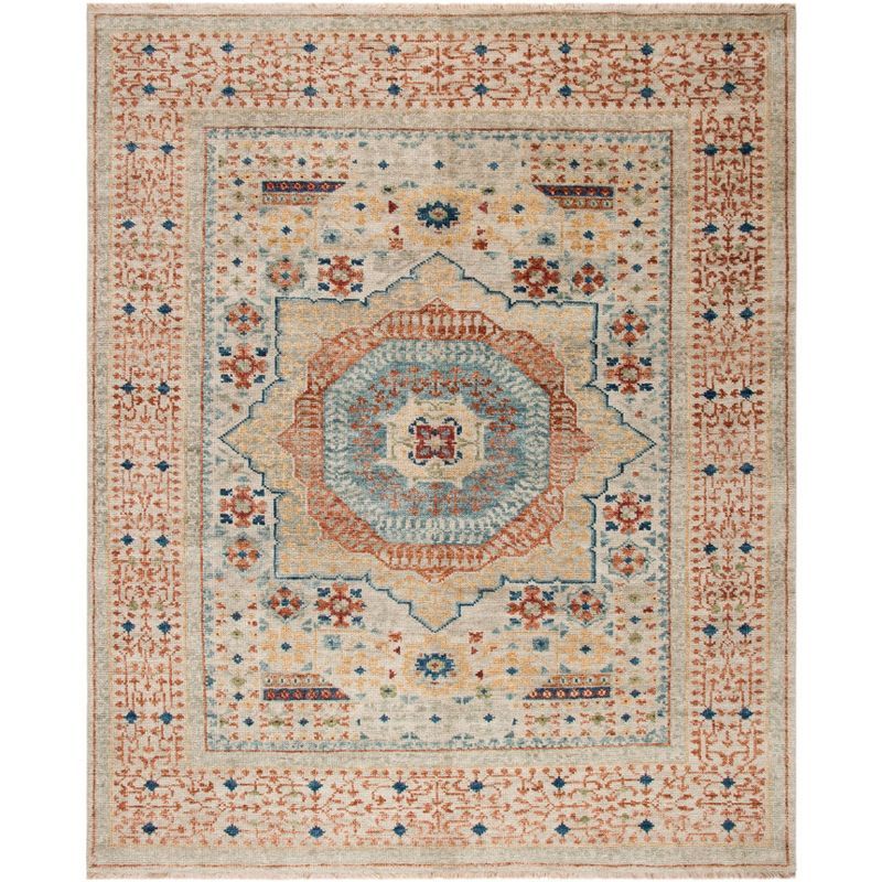 Ivory and Rust Hand-Knotted Wool Area Rug 9' x 12'