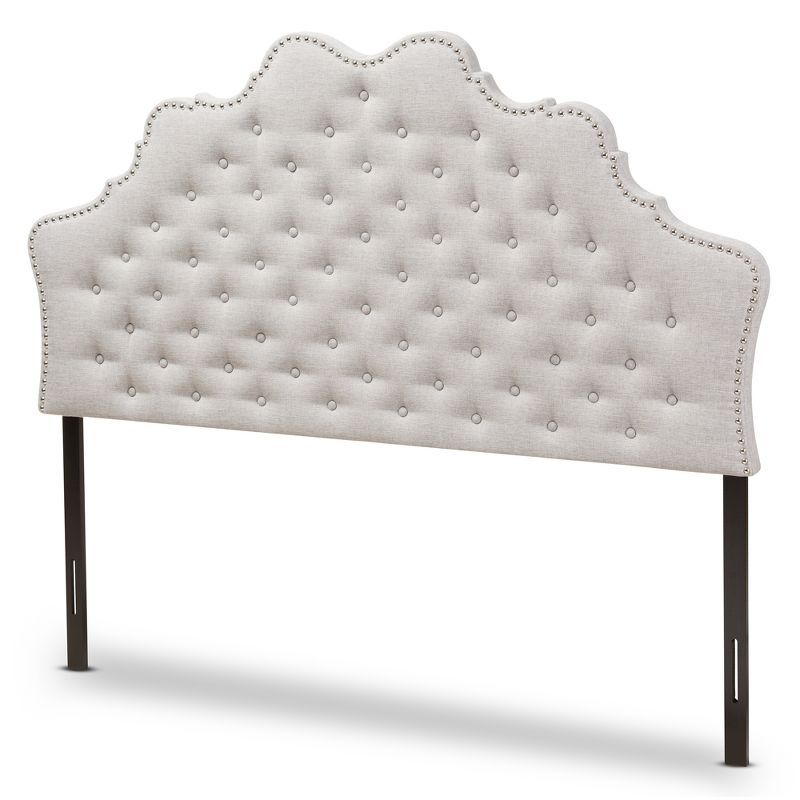 Greyish Beige Tufted Upholstered Queen Headboard with Nailhead Trim