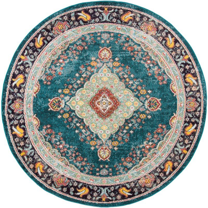Navy and Turquoise Round Synthetic Floral Area Rug