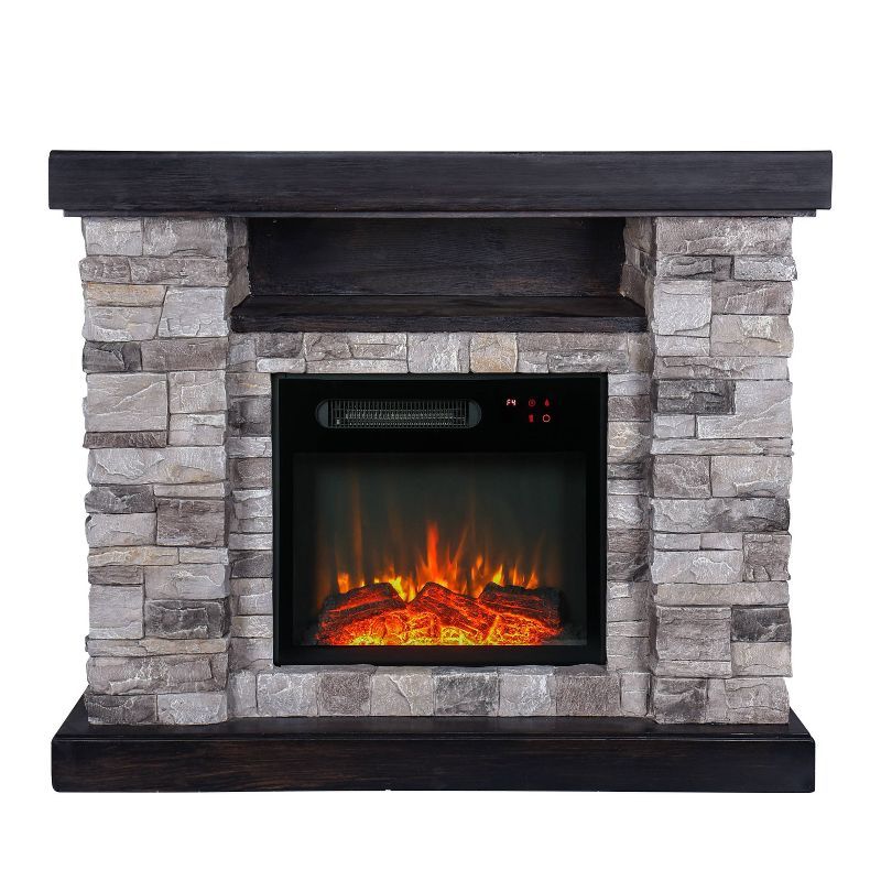 39" Gray Faux Stone Freestanding Electric Fireplace with LED Shelf