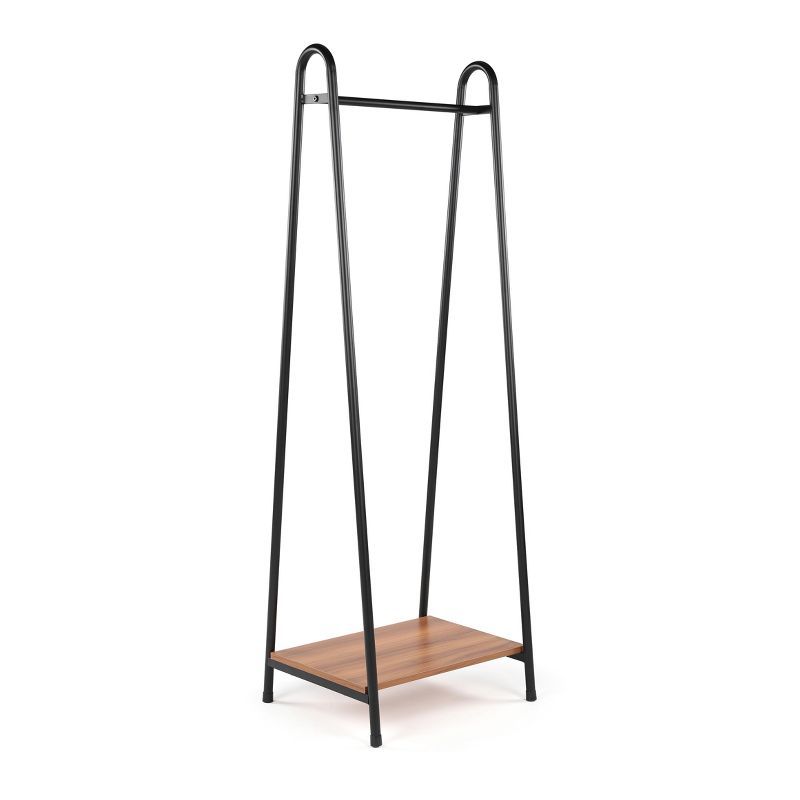 Slim Black Steel Frame Clothing Shelf Rack with Wood Shelf