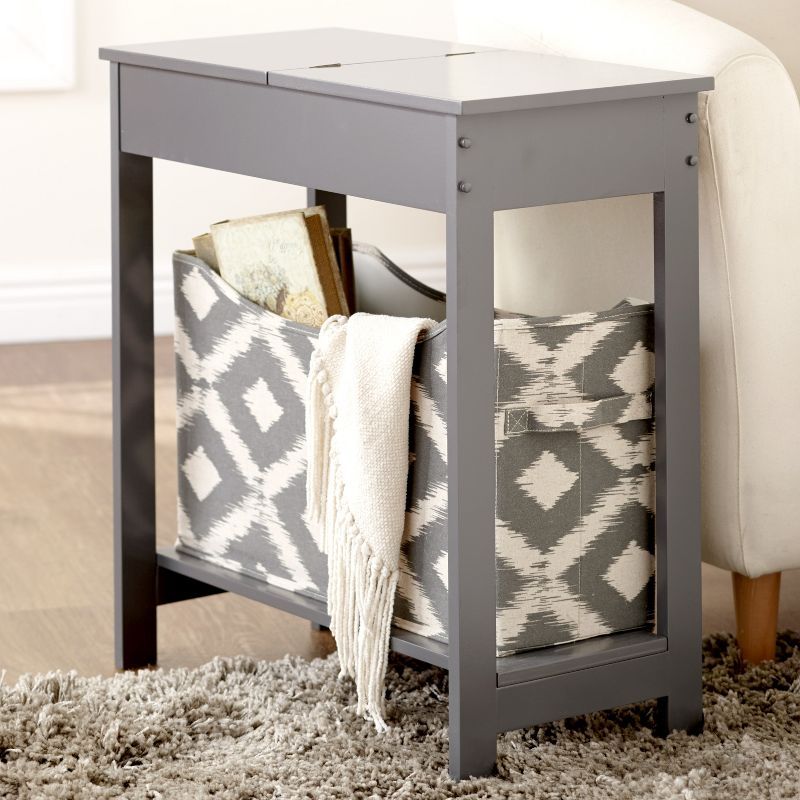 Gray Wood Side Table with Fabric Storage Bin