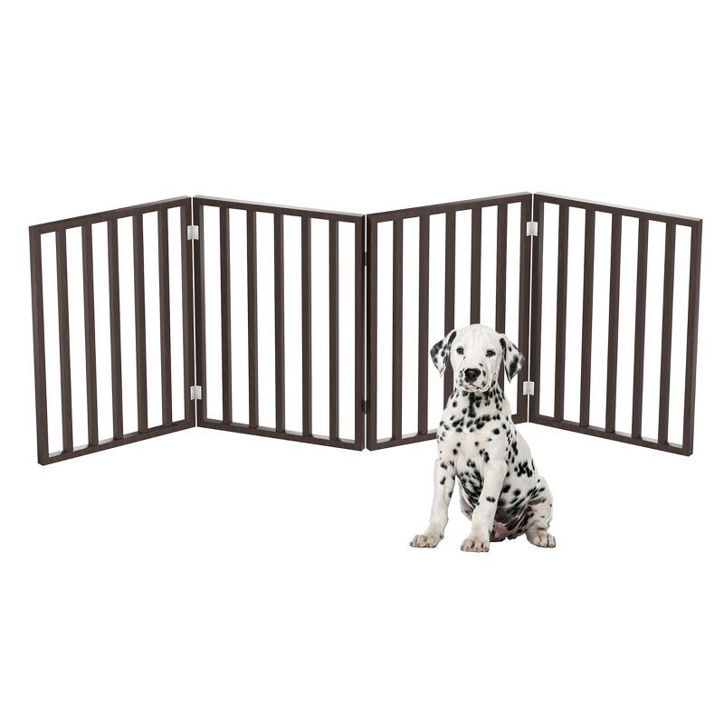 Brown 4-Panel Freestanding Retractable Pet Gate with Metal Hinges