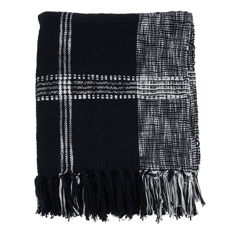 Black and White Cotton Plaid Throw Blanket with Fringe