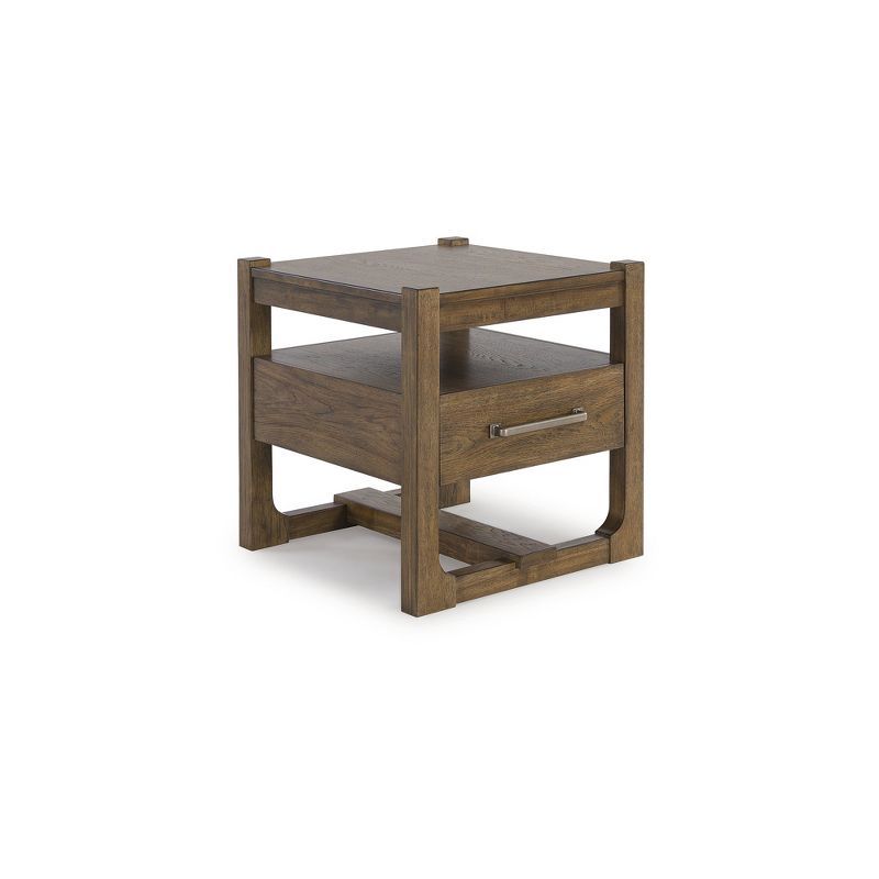 Light Brown Square Wood End Table with Storage Drawer