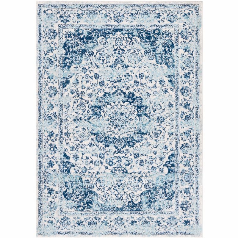 Ivory and Blue 8' x 10' Synthetic Square Area Rug