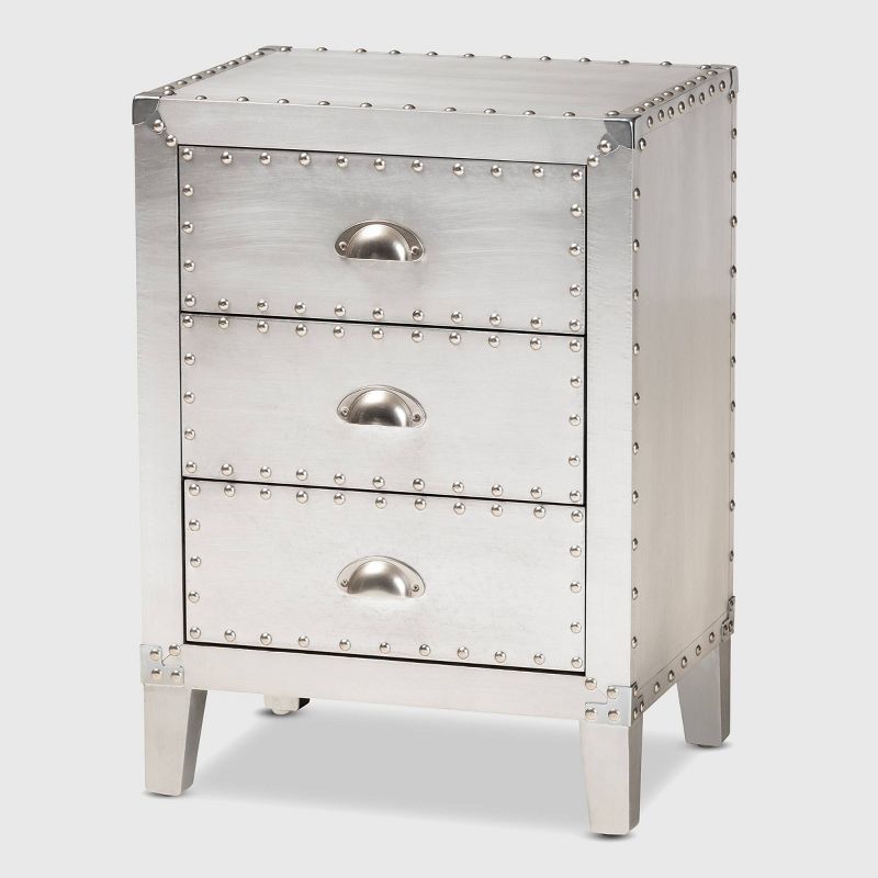 Claude Riveted Silver Metal 3-Drawer Nightstand