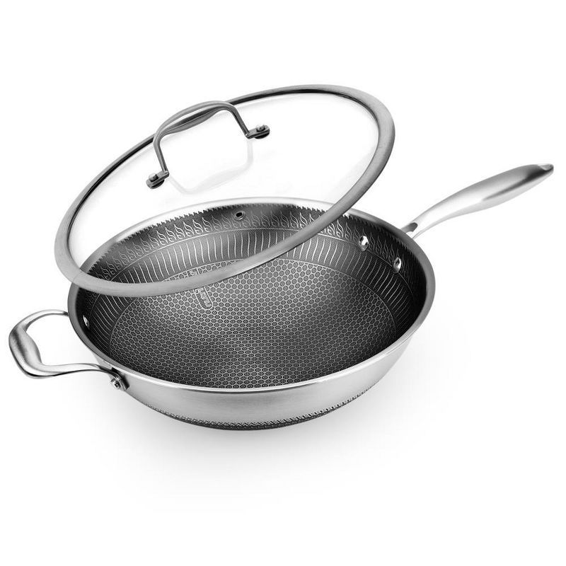 NutriChef 12-Inch Stainless Steel Nonstick Wok with Glass Lid