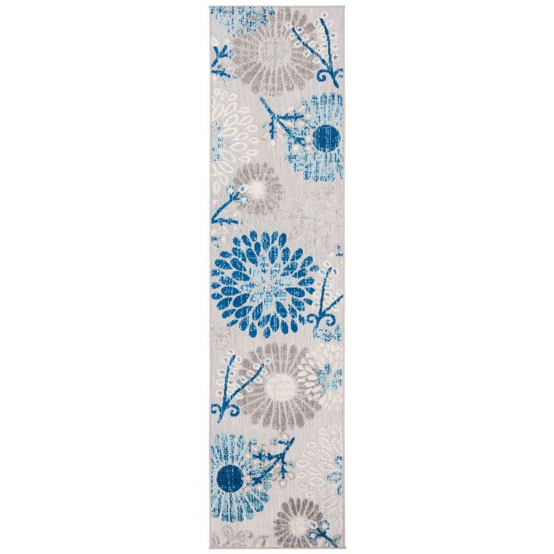 Grey and Blue Floral Synthetic 2' x 12' Runner Rug