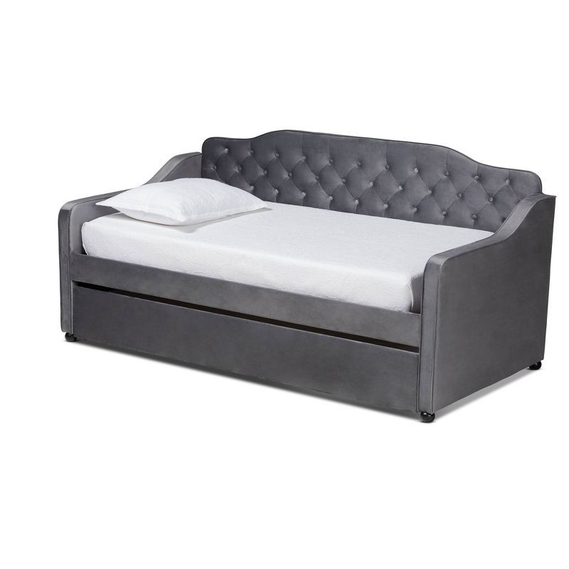 Gray Velvet Upholstered Twin Daybed with Tufted Back and Trundle