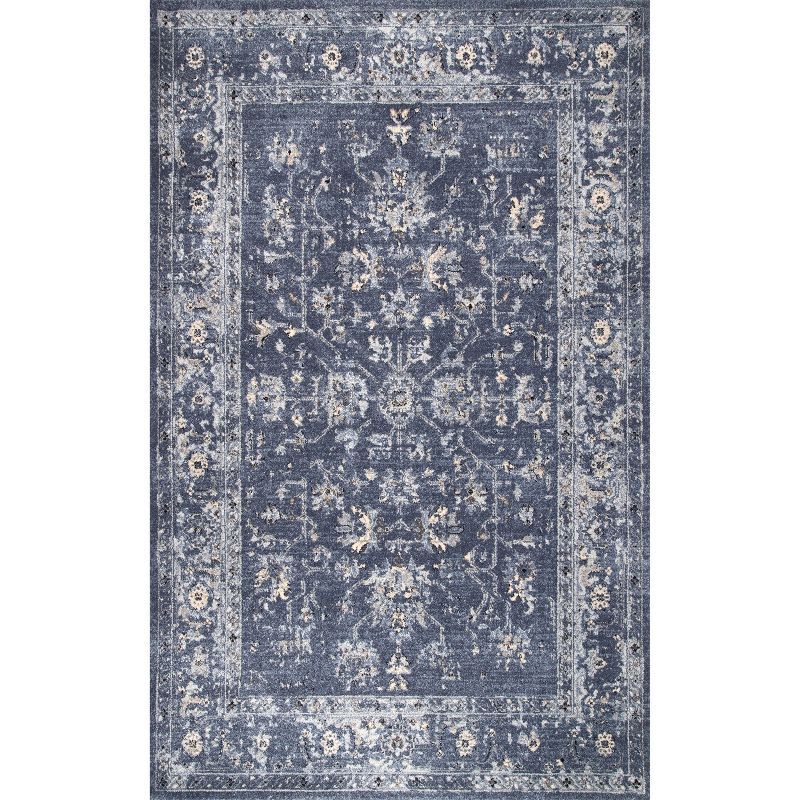 Reversible Floral Blue Synthetic 5' x 8' Easy-Care Area Rug