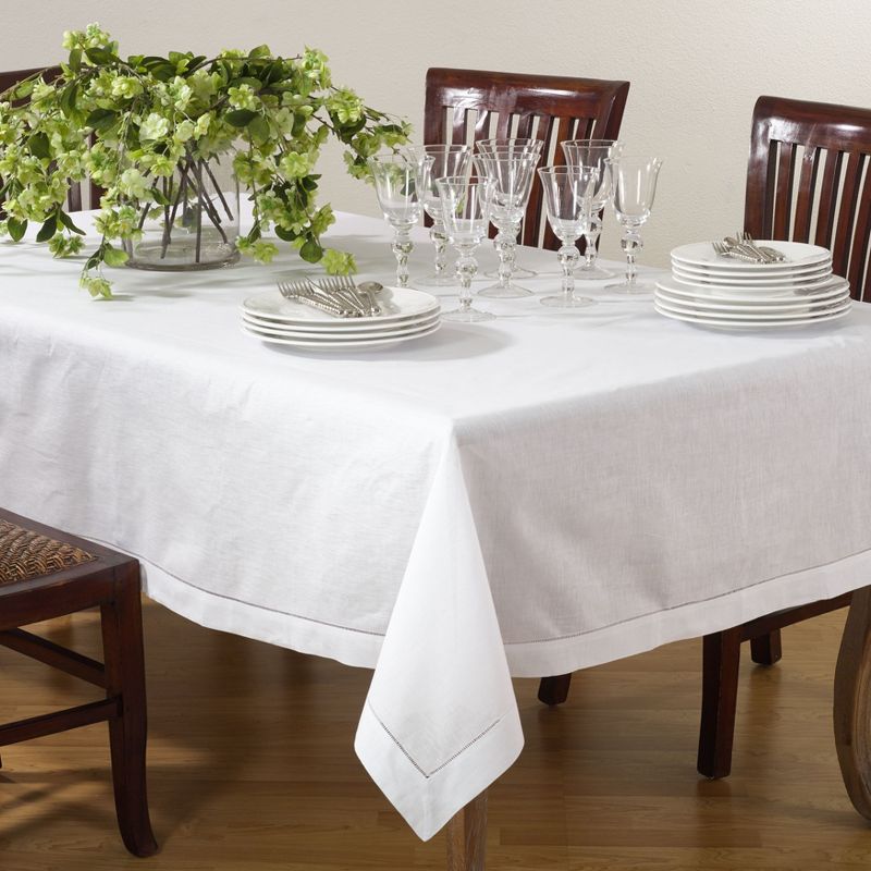 White Hemstitched Cotton Linen Rectangular Tablecloth