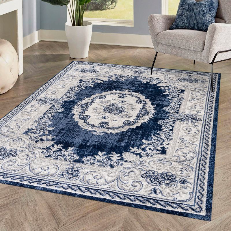 Rosalia Ivory and Navy Medallion 3x5 Area Rug