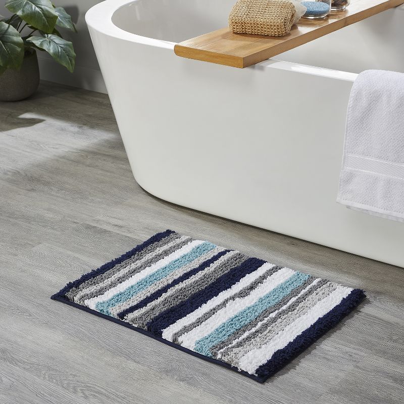 Blue and Gray Striped Polyester Bath Rug Set