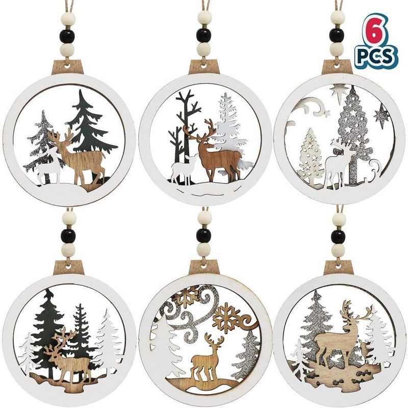 Set of 6 Multicolor Wooden Reindeer Christmas Ornaments