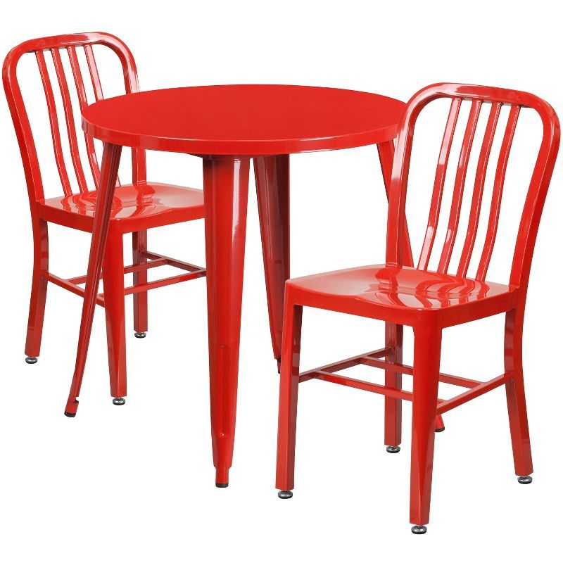 Retro-Modern 30" Round Red Metal Table & 2 Slat Back Chairs Set