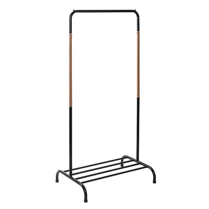 Black and Light Wood Portable Garment Rack with Shoe Shelf