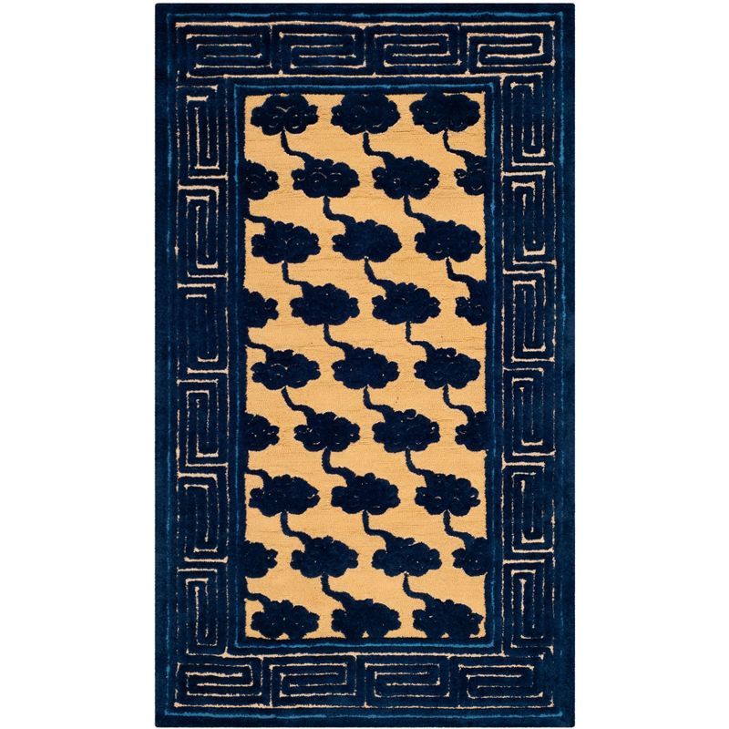 Handmade Blue and Beige Wool Rectangular Area Rug