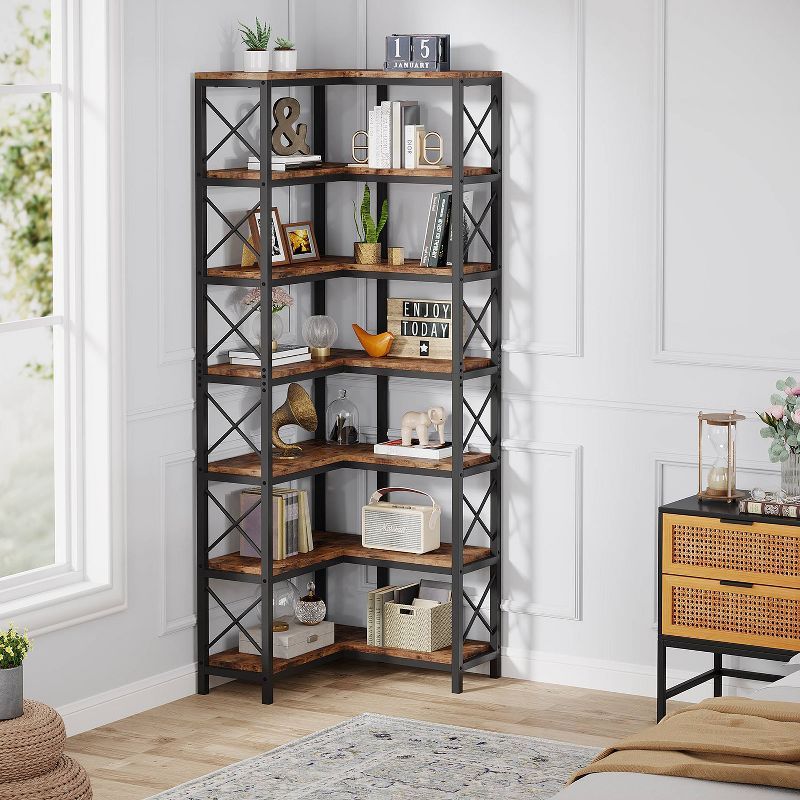 Rustic Brown 7-Tier Adjustable Corner Bookshelf with Metal Frame