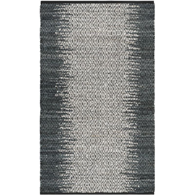 Gray and Cream Handmade Leather Flat Woven Area Rug