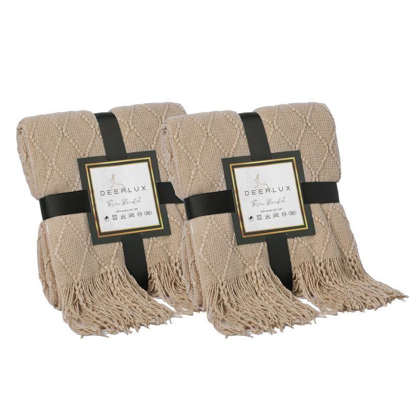 Khaki Knitted Throw Blanket Set with Fringe Edges, 50x60 in