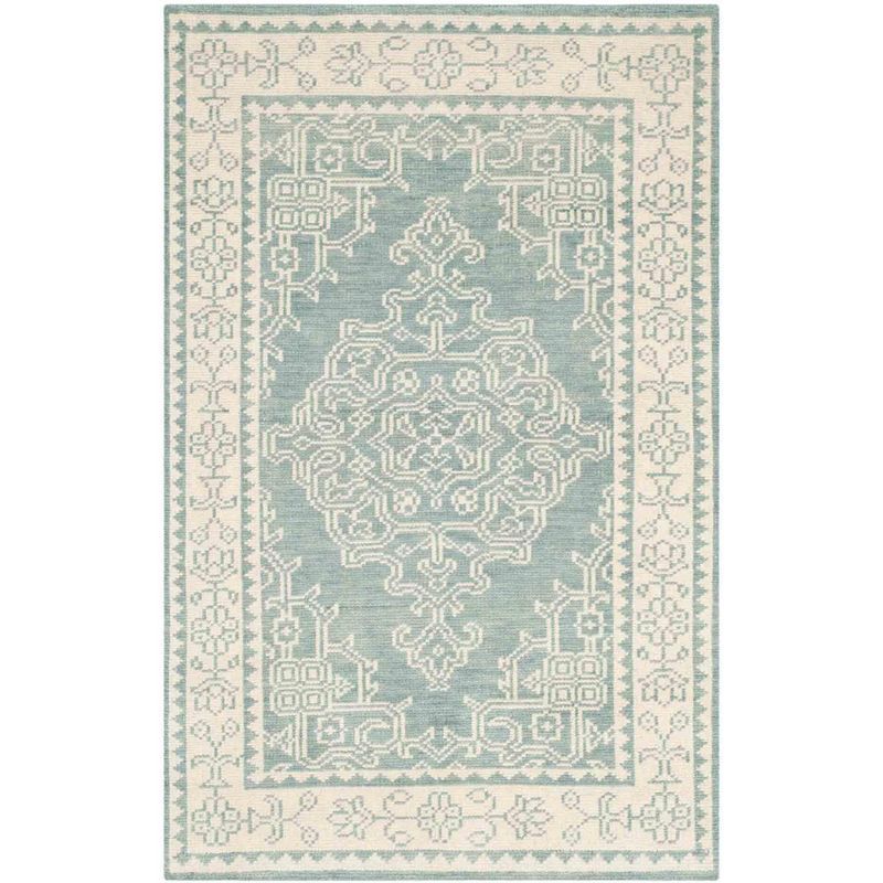 Ivory and Blue Hand-Knotted Wool 4' x 6' Area Rug