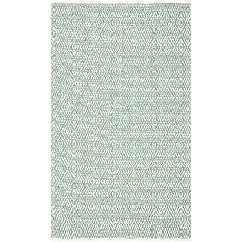 Green and Ivory Geometric Flatweave Cotton Blend Rug