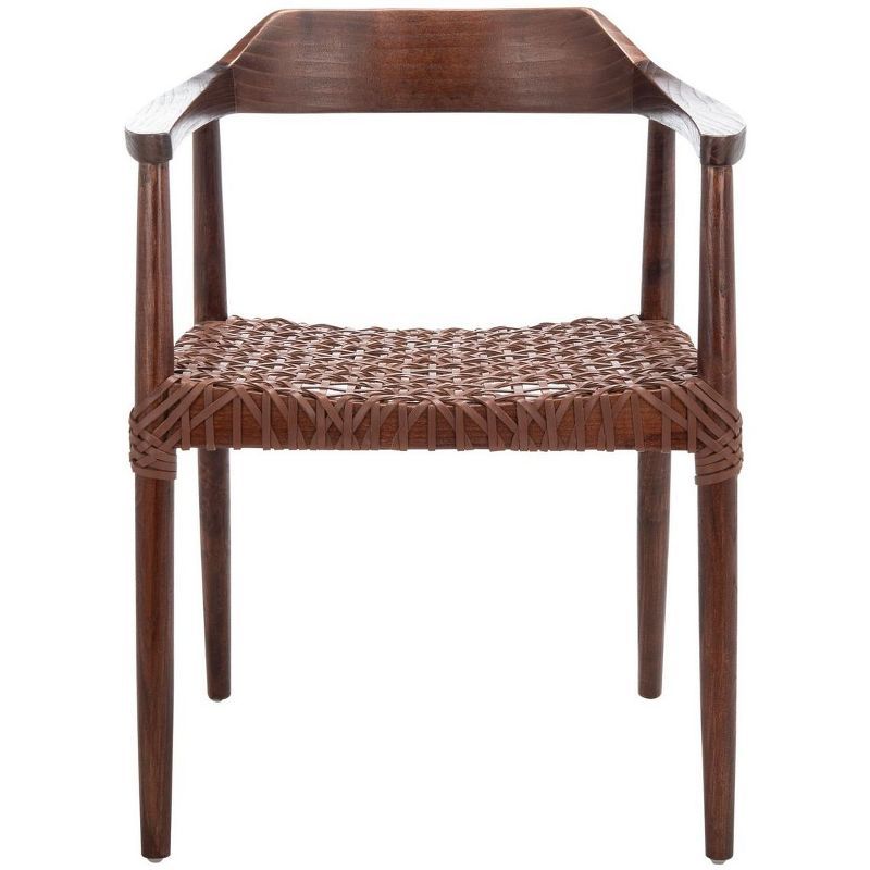 Walnut-Cognac Mid-Century Leather Woven Accent Chair
