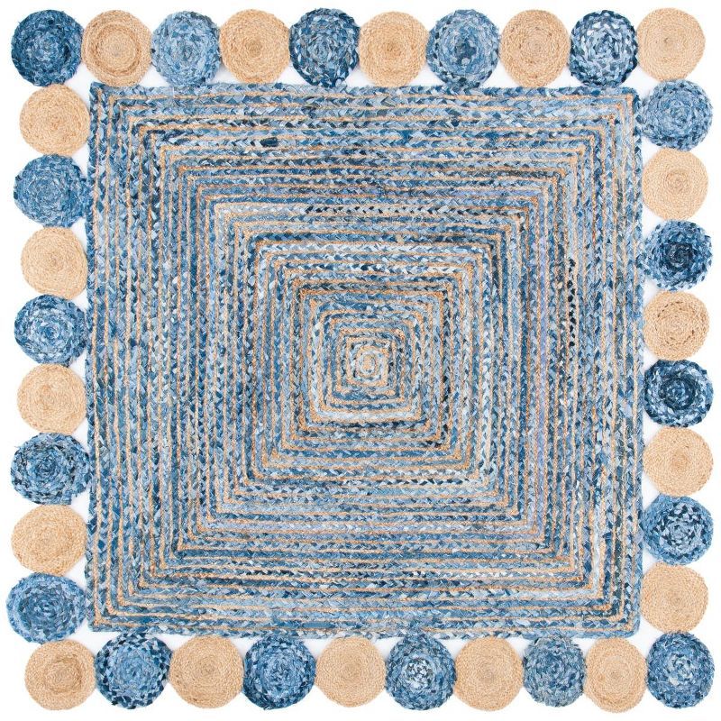 Handmade Blue Cotton Geometric Flat Woven Square Rug