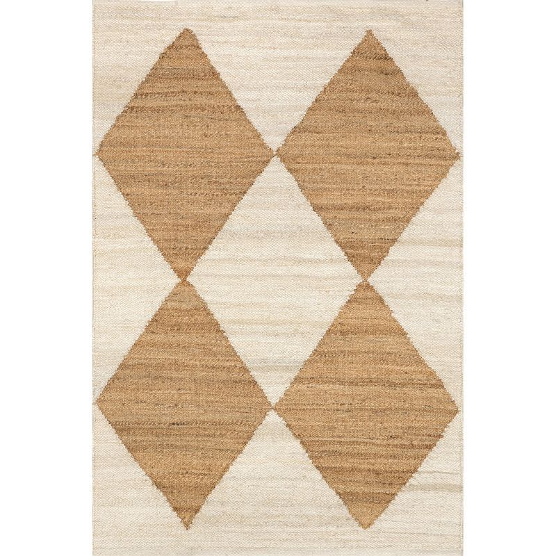 Ivory and Brown Diamond Pattern Cotton Jute Area Rug, 4' x 6'