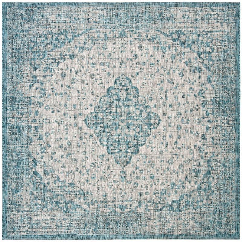 Teal and Cream 5'3" Square Synthetic Flat Woven Area Rug