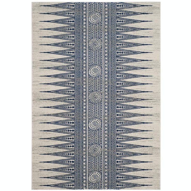 Ivory and Blue High Pile Synthetic Area Rug