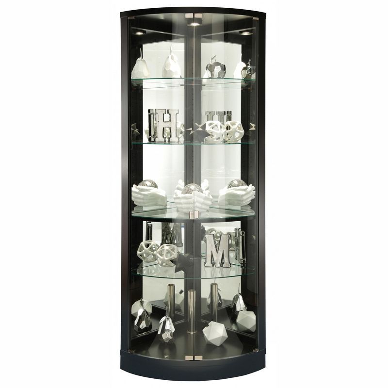 Black Satin Lighted Corner Curio Cabinet with Glass Shelves