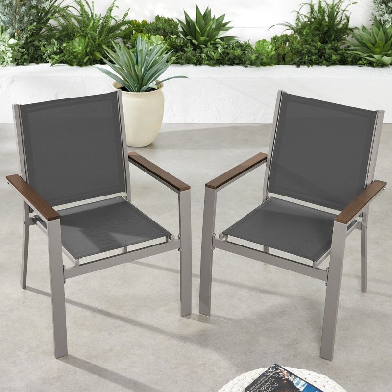 Set of 2 Gray Metal and Textilene Armchairs with Wood Armrests