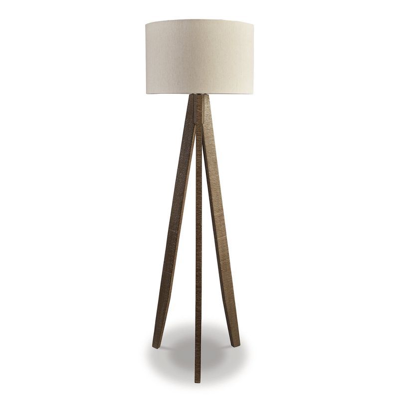 Contemporary Brown Wood Tripod Floor Lamp with Drum Shade