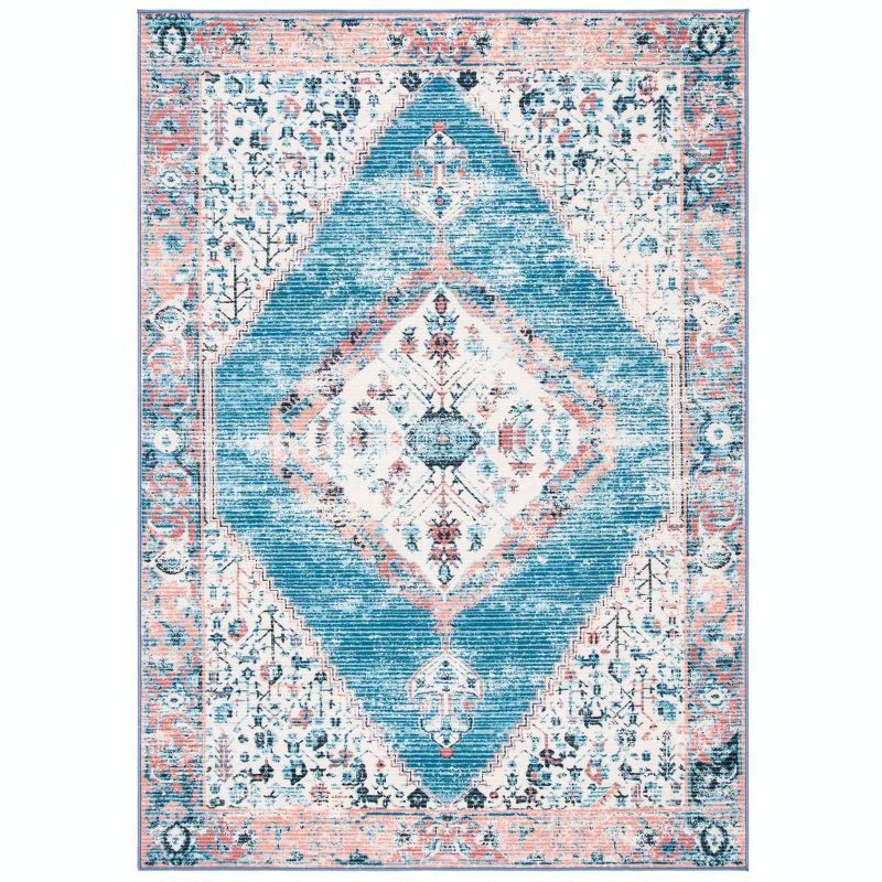 Ivory and Blue Rectangular Wool Blend Vintage Rug