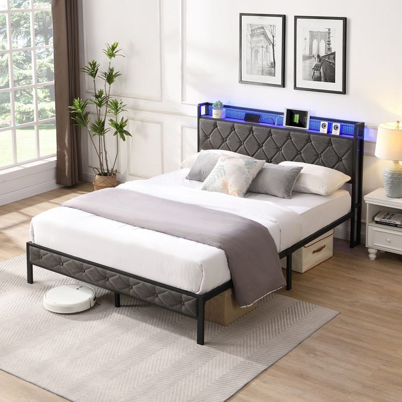 Queen Upholstered Platform Bed with Storage and LED Headboard