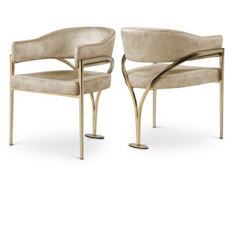 Beige Velvet Upholstered Arm Chair with Brass Metal Frame