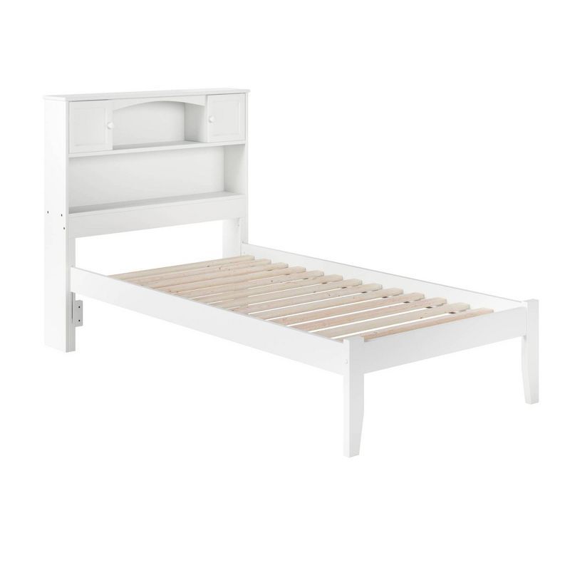 White Twin Wood Frame Platform Bed with Bookcase Headboard