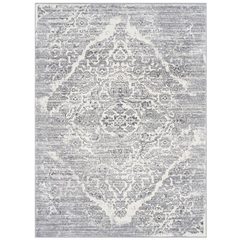 Silver 5' x 7' Distressed Oriental Synthetic Area Rug