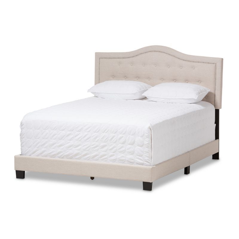 Elegant Beige King-Sized Upholstered Bed with Nailhead Trim