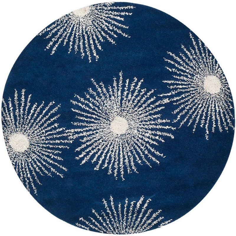 Dark Blue and Ivory Round Hand-Tufted Wool Rug, 8' x 8'