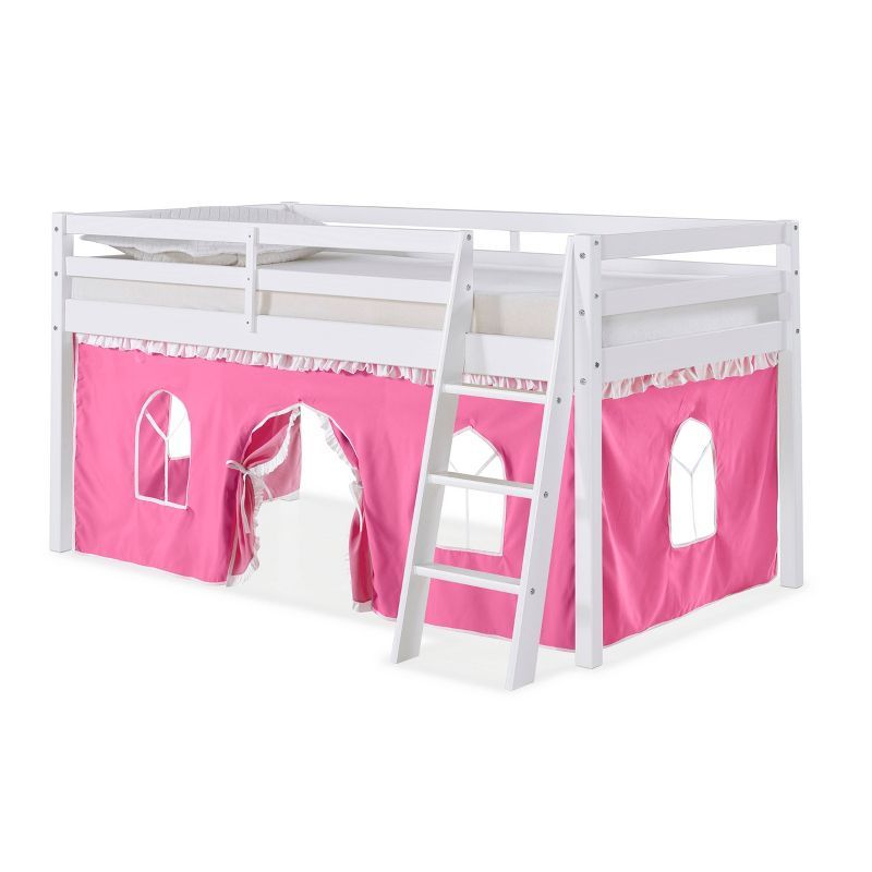 White Pine Twin Loft Bed with Pink Playhouse Tent