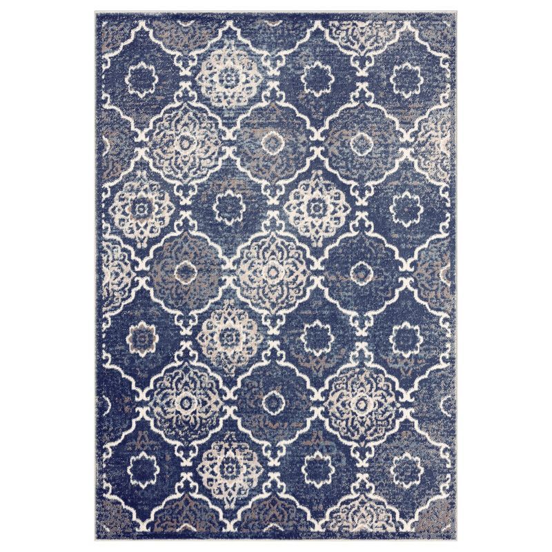 Ivory and Navy Blue Tufted Medallion Synthetic Area Rug, 5'2"x7'2"