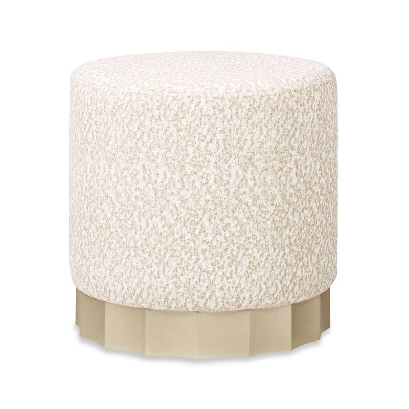 Hampton 18" Round Beige Chenille Upholstered Ottoman with Scalloped Base