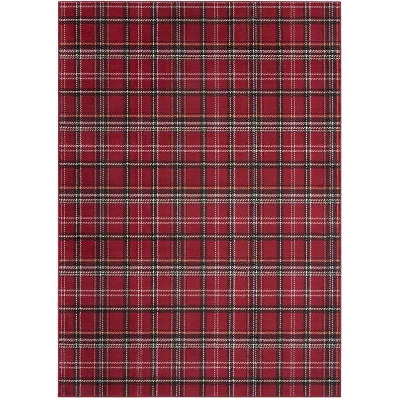 Red Plaid Rectangular Synthetic Area Rug 7' x 10'