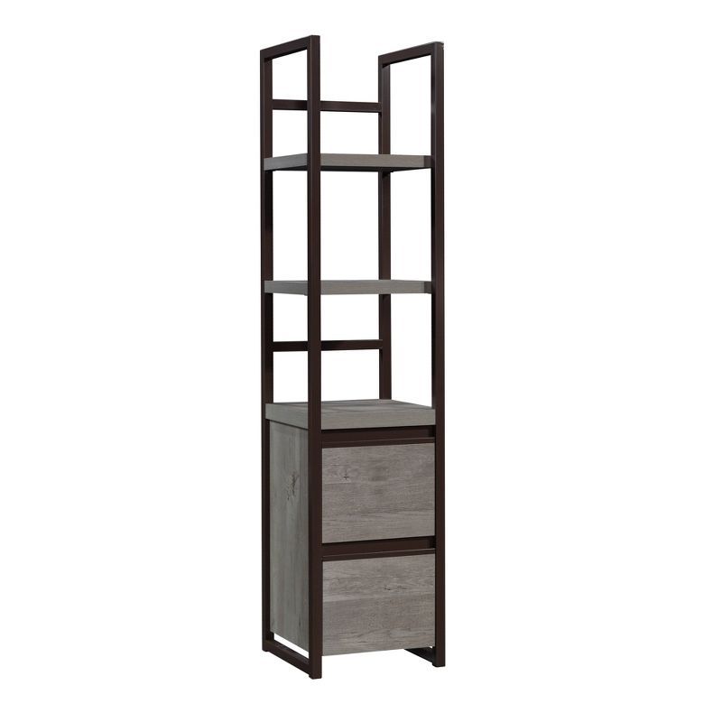 72" Mystic Oak Narrow Bookcase with Metal Frame and Drawers