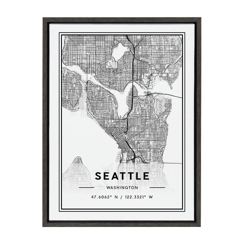 Seattle Modern Map Framed Canvas Wall Art, 18x24, Dark Gray