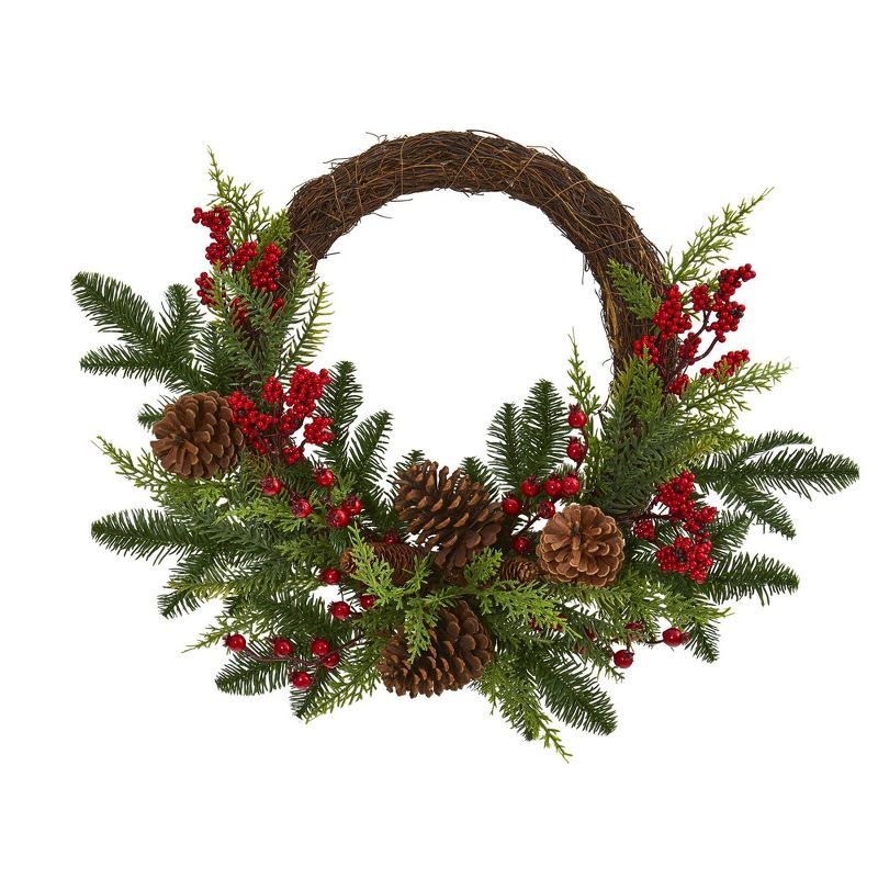 22" Mixed Pine and Cedar Artificial Christmas Wreath with Berries and Pine Cones